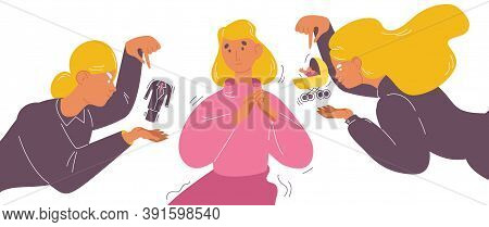 Woman Unsure Of Her Way In Life And Priority Of Lifestyle. Career Or Kids And Family First Choise. B