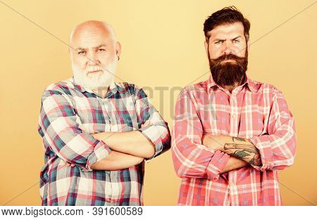 Friends. Male Beard Care. Checkered Fashion. Barbershop And Hairdresser Salon. Two Bearded Men Senio