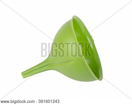 Green Plastic Kitchen Funnel Isolated On White Background