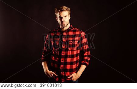 Barbershop And Beauty Salon. Hipster Black Background. Standards Of Manliness Or Masculinity. Handso