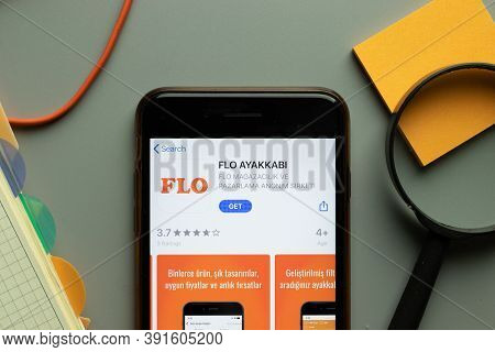New York, Usa - 26 October 2020: Flo Ayakkabi Mobile App Logo On Phone Screen Close Up, Illustrative