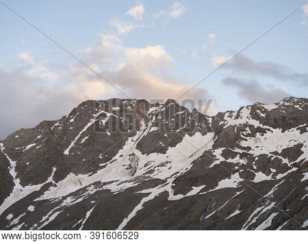 Evening, Golden Hour View Of Snow-capped Moutain Peaks At Hiking Trail, Stubai Hohenweg, Tyrol Alps,