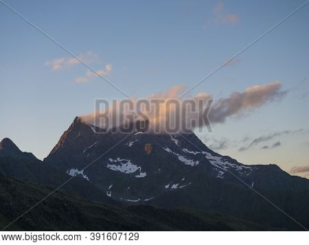 Evening, Golden Hour View Of Snow-capped Moutain Peaks At Hiking Trail, Stubai Hohenweg, Tyrol Alps,