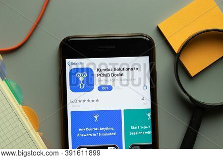 New York, Usa - 26 October 2020: Kunduz Solutions To Pcmb Doubt Mobile App Logo On Phone Screen Clos