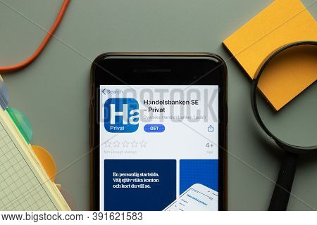 New York, Usa - 26 October 2020: Handelsbanken Se Privat Mobile App Logo On Phone Screen Close Up, I