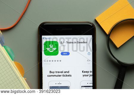 New York, Usa - 26 October 2020: Sj Trains In Sweden Mobile App Logo On Phone Screen Close Up, Illus