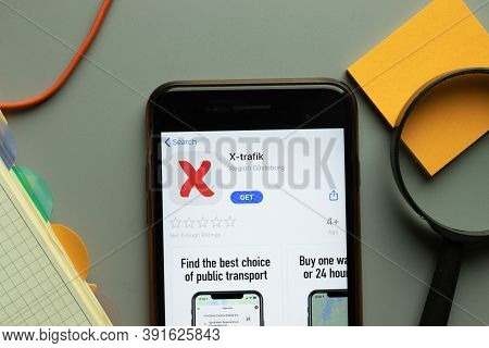 New York, Usa - 26 October 2020: X-trafik Mobile App Logo On Phone Screen Close Up, Illustrative Edi