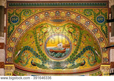 Marseille, France - June 30, 2015: Frescoed Wall And Altar In Catholic Basilica Notre Dame De La Gar