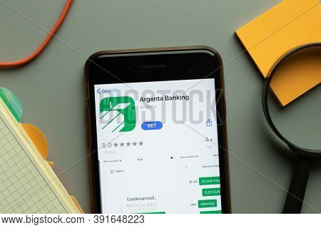 New York, Usa - 26 October 2020: Argenta Banking Mobile App Logo On Phone Screen Close Up, Illustrat