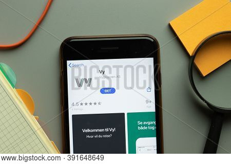 New York, Usa - 26 October 2020: Vy Mobile App Logo On Phone Screen Close Up, Illustrative Editorial