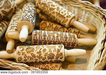 Wooden Carved Cookie Rolling Pin , Cooking Concept