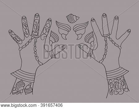 Hands With Rings, Baroque Pearls, Shells, Animal Print Isolated On Grey. Hand Painted Fashion Illust