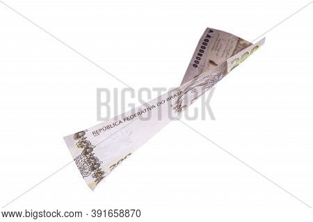 Two Hundred Reais Banknote, In Free Fall, Money Rain With White Background. One-off Focus, Concept O