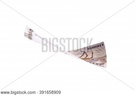 Two Hundred Reais Banknote, In Free Fall, Money Rain With White Background. One-off Focus, Concept O