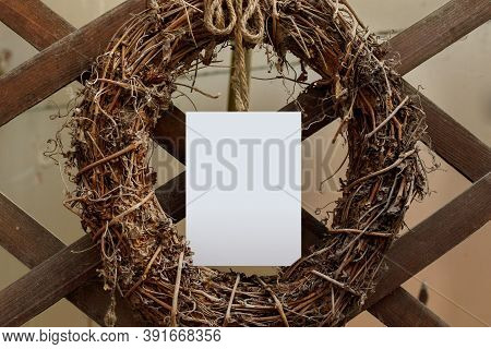 Minimalistic Card Mockup With Old Wreath Of Herbs. Rystic Style. Empty Postcard With Space For Text,