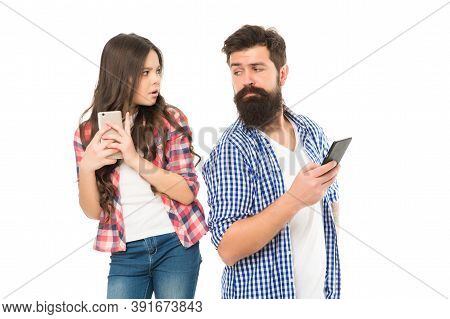 Privacy Concept. Privacy Online. Man Father And Little Girl Daughter With Smartphones. Leading With 