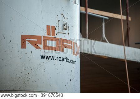 Belgrade, Serbia - August 29, 2020: Rofix Logo On A Concrete Mixer In Front Of A Construction Site. 