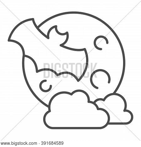 Bat With Full Moon Clouds Thin Line Icon, Halloween Concept, Big Moon And Flittermouse Sign On White