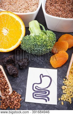 Beneficial Nutirious Eating For Digestive System. Healthy Ingredients As Source Natural Vitamins