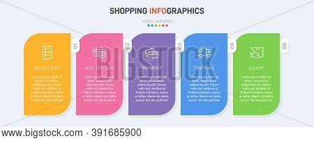 Concept Of Shopping Process With 5 Successive Steps. Five Colorful Graphic Elements. Timeline Design