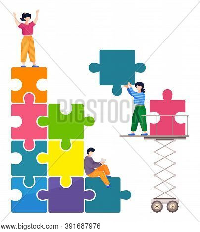 People Connecting Puzzle Elements, Teamwork Business Conception, Colorful Puzzle Pyramid, Using Meta