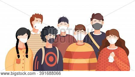 Covid-19, Crowd Of People In Respiratory Medical Mask. Coronavirus Epidemic In Usa. Spreading Virus 