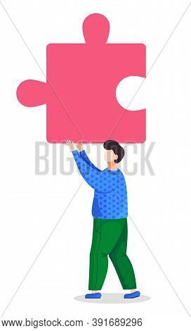 Cartoon Character In Vector Illustration. Man Or Guy Holding Piece Or Element Of Puzzle. Part Of Bus