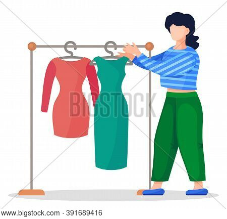 Vector Illustration With Cartoon Character At White Background. Brunette Woman Wearing Stripped Shir