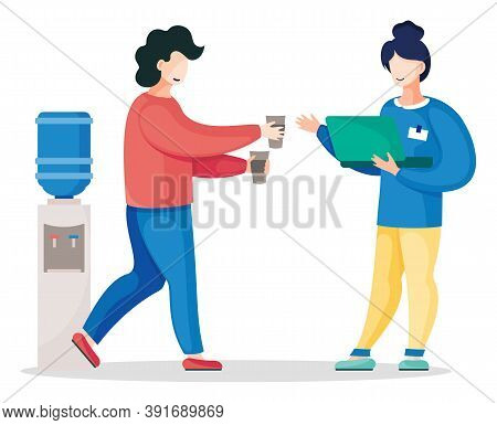 Vector Flat Illustration Of Office Worker Walking From Water Dispenser Or Water Cooler, Holding Pape