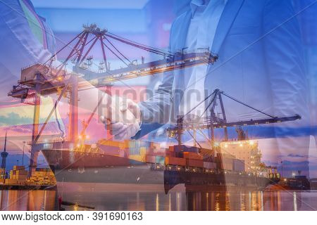 Double Exposure Of Businessman And Container Shipping Worker Greeting Handshake Together With Contai