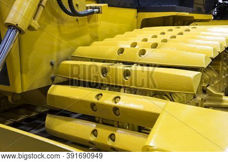 Detail Of  Excavator Track Pads For Heavy Duty Job; Construction Industrial Background