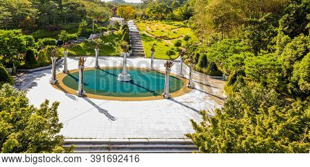 Hampyeong-gun, South Korea; September 27, 2020: Aerial View Of Statues At Entrance To Golden Bat Exh