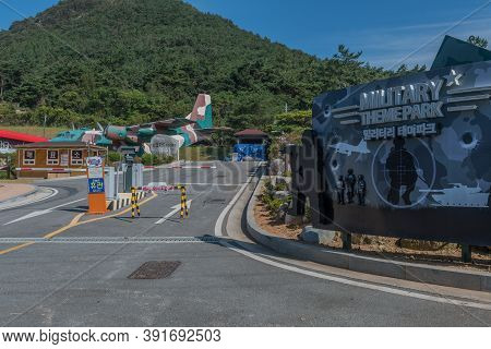 Hampyeong-gun, South Korea; September 27, 2020: Entrance To Military Theme Park Closed Due To Covid-