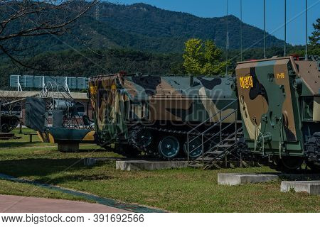 Hampyeong-gun, South Korea; September 27, 2020: Rear View Of Military Transport Vehicles On Display 