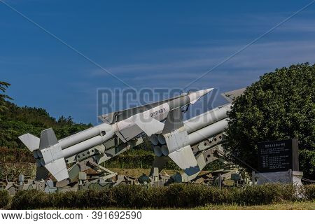 Hampyeong-gun, South Korea; September 27, 2020: Side View Of Surface To Air Missiles At Military The