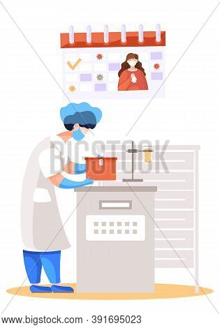 Girl In The Laboratory Opens A Box With An Unknown Substance. Masked Woman During The Coronavirus Ep