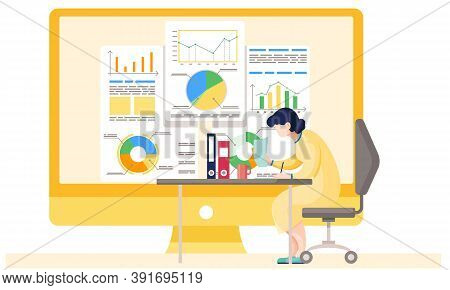 Businesswoman Working And Analyzing Financial Statistics . The Female Marketer Studies Information A