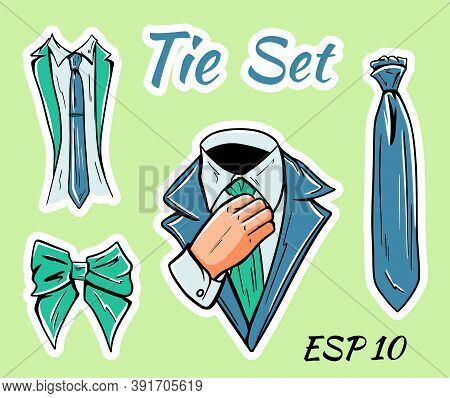 Illustration Of A Set Of Mens Business Ties And Bow Ties. Isolated Set Of Stickers.