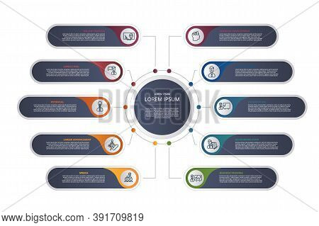 Infographic Business Training Template. Icons In Different Colors. Include Online Training, Consulti