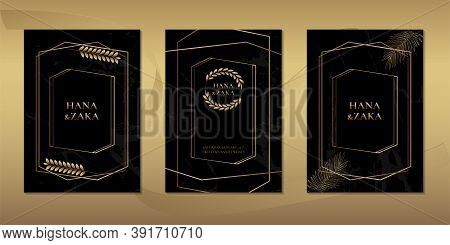 Wedding Invitation Cards Black Marble With  Gold Leaf Template