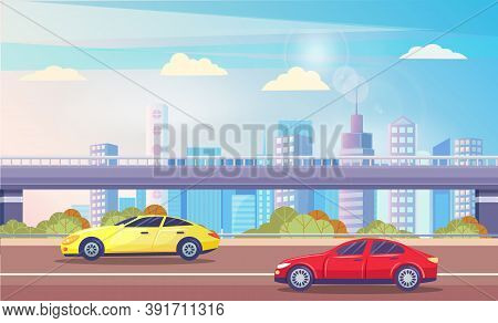 Urban Landscape With Highway And Car On Roads. Skyline Of Modern City. Skyline With Skyscrapers And 
