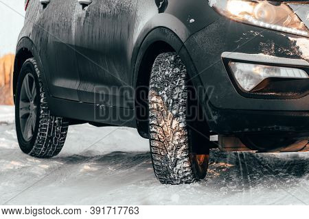 Rubber Winter Wheels In Cold Snowy Weather On Slippery Road. Danger Of Skidding Or Accidents When Dr