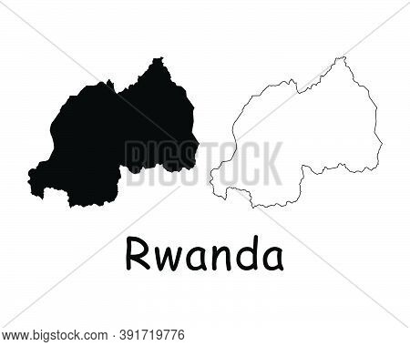 Rwanda Country Map. Black Silhouette And Outline Isolated On White Background. Eps Vector