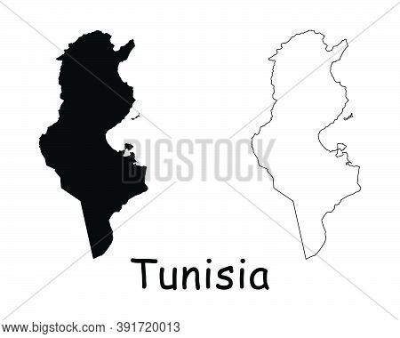 Tunisia Country Map. Black Silhouette And Outline Isolated On White Background. Eps Vector
