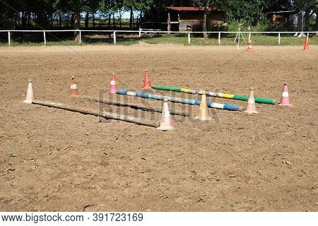 Accessories For Horse Trainings And Events In Rural Equestrian Training Centre. Image Of An Empty Tr