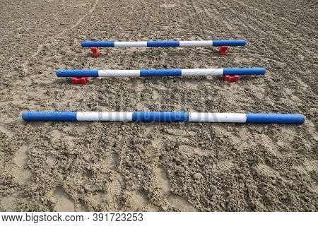 Accessories For Horse Trainings And Events In Rural Equestrian Training Centre. Image Of An Empty Tr
