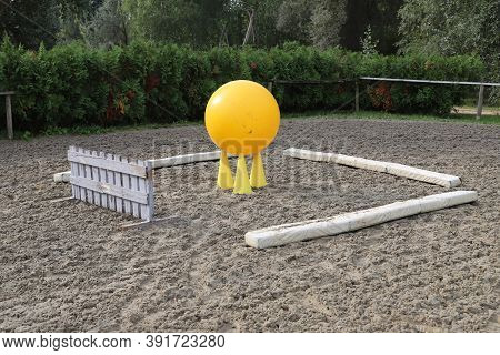 Accessories For Horse Trainings And Events In Rural Equestrian Training Centre. Image Of An Empty Tr