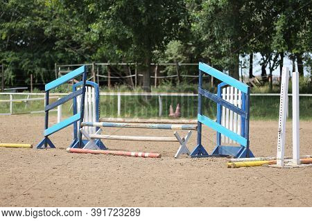Accessories For Horse Trainings And Events In Rural Equestrian Training Centre. Image Of An Empty Tr