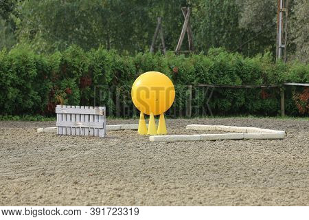 Accessories For Horse Trainings And Events In Rural Equestrian Training Centre. Image Of An Empty Tr