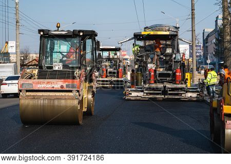 Kyiv, Ukraine - September 10, 2020: Heavy Asphalt Road Roller With Heavy Vibration Roller Compactor 
